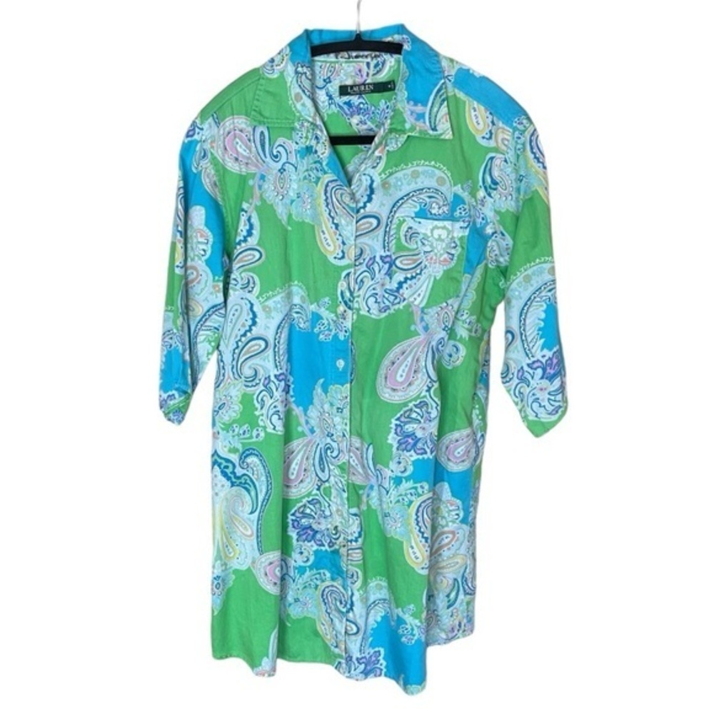 Lauren Ralph Lauren Green‎ Blue Paisley 100% Cotton Nightgown Shirt Size Medium